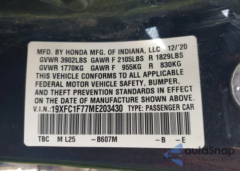 2021 Honda Civic Ex-L z USA, uszkodzony, nr VIN 19XFC1F77ME203430